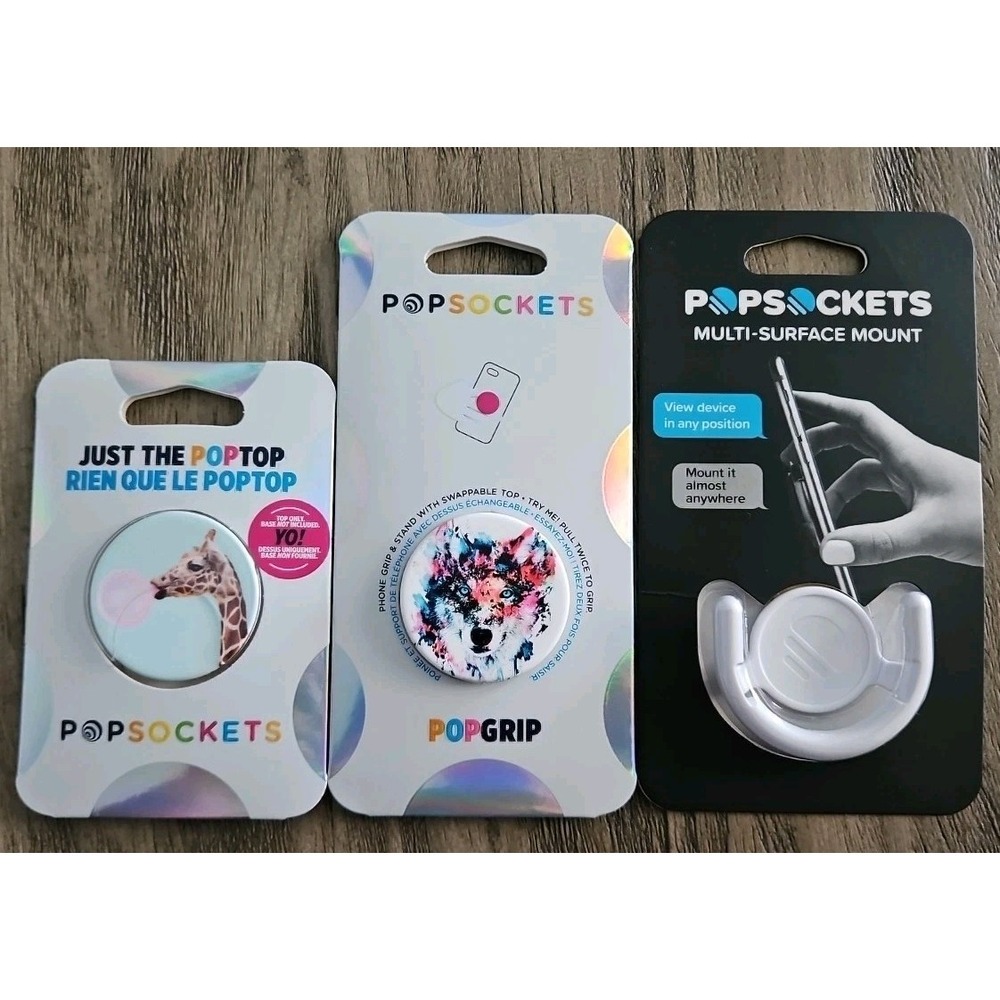 THREE PopSockets Mount, Wolf Popgrip & Bubblegum Giraffe Poptop